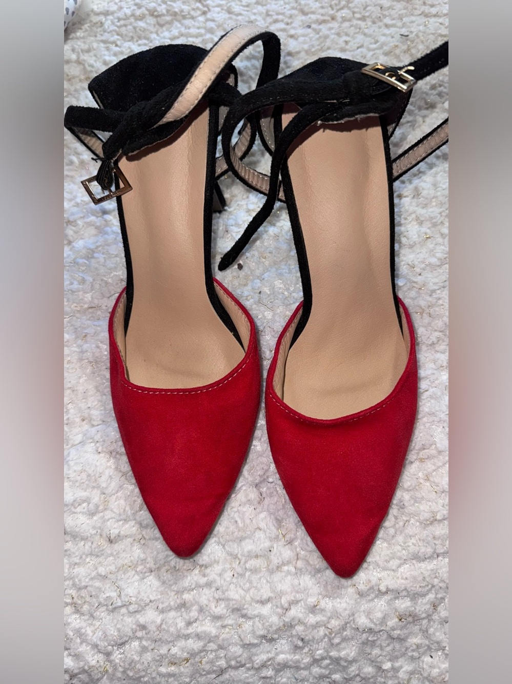 Pointed Toe Red Suede Ankle Strap Heels